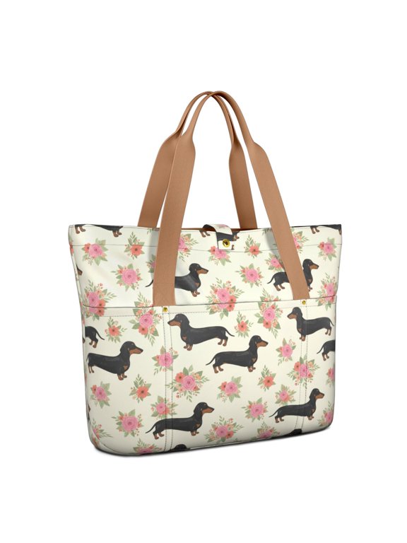 Dachshund and Floral Cream Pattern Large Tote Bag for Women, Polyester Roomy Travel Tote with Pockets and Zipper, Lightweight Gifts Ideas for Mom Wife Friend