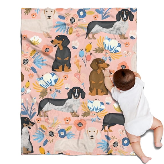 Dachshund and Flower Blanket,Comfortable Soft Flannel Throw Blanket,All Season,Warm Lightweight Blankets for Sofa Bed Couch Living Room Chair,30"x40"(80x100cm)