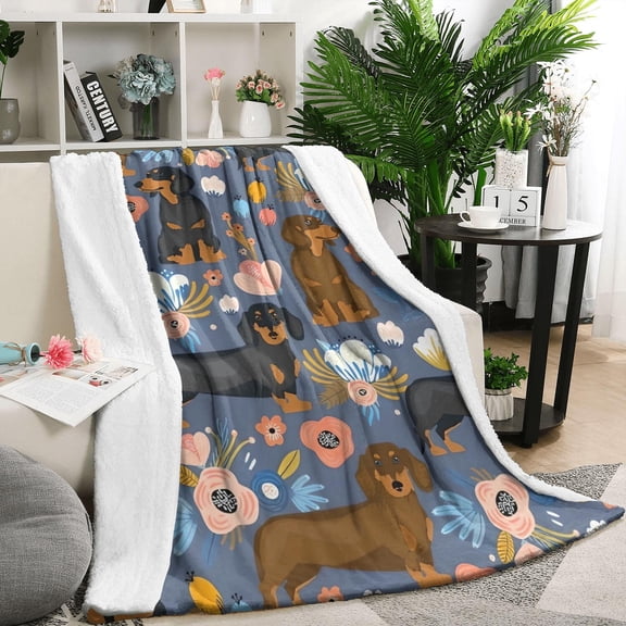 Dachshund and Flower Blanket,Comfortable Soft Lamb Wool Throw Blanket,All Season,Warm Lightweight Blankets for Sofa Bed Couch Living Room Chair,50"x60"