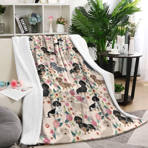 Dachshund and Flower Blanket,Comfortable Soft Lamb Wool Throw Blanket,All Season,Warm Lightweight Blankets for Sofa Bed Couch Living Room Chair,60"x80"