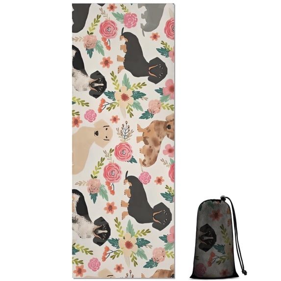 Dachshund and Flower Hot Yoga Mat Towel Non Slip for Hot Yoga - Quick-Drying Yoga Mat Cover with 4 Corner Pockets with Travel Bag - Hot Yoga Towel Non Slip Grip Moisture Wicking Sweat 70"x26"