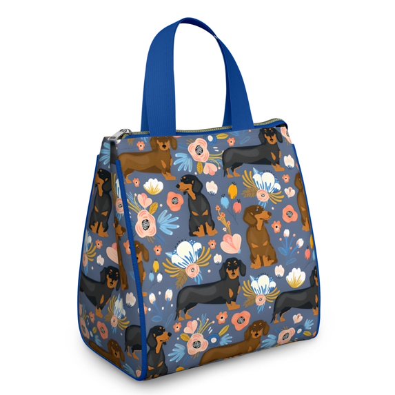 Dachshund and Flower Insulated Lunch Bag for Women & Adults,Large Portable Soft Cooler Lunch Bag,Thermal Food Storage Tote with Pearl Cotton,8.66L,8.75x5.75x9.5 Inch