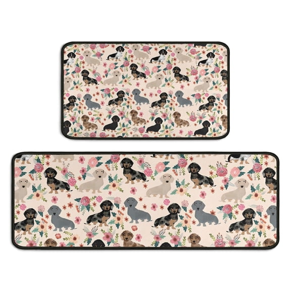 Dachshund and Flower Kitchen Rugs Sets Of 2,Anti Fatigue Kitchen Mat Rugs Non Slip Washable,Decorative Kitchen Floor Mats for Kitchen,Sink,Laundry,17"X30"+17"X47"