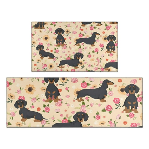 Dachshund and Flower Kitchen Rugs Sets Of 2,Anti Fatigue Kitchen Mat Rugs Non Slip Washable,Decorative Kitchen Floor Mats for Kitchen,Sink,Laundry,17"x30"+17"x47"
