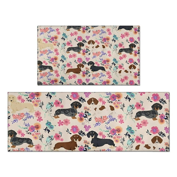 Dachshund and Flower Kitchen Rugs Sets Of 2,Anti Fatigue Kitchen Mat Rugs Non Slip Washable,Decorative Kitchen Floor Mats for Kitchen,Sink,Laundry,17"x30"+17"x47"