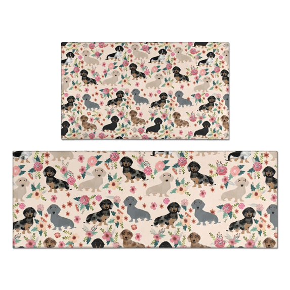 Dachshund and Flower Kitchen Rugs Sets Of 2,Anti Fatigue Kitchen Mat Rugs Non Slip Washable,Decorative Kitchen Floor Mats for Kitchen,Sink,Laundry,17"x30"+17"x47"
