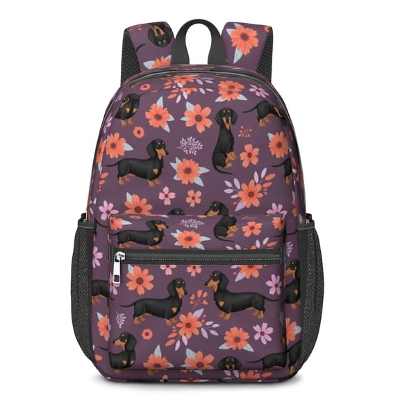 Dachshund Flower Purple Pattern 17" School Backpacks for Teens,Waterproof Oxford Fabric,S-Shape Padded Straps for School,Travel,Hiking,Camping