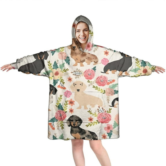 Dachshund and Flower Wearable Oversized Blanket,Wearable Blanket Hoodie for Adults,Cozy Hooded Blankets with Super Pockets,Super Warm Fuzzy Pullover for Women & Men
