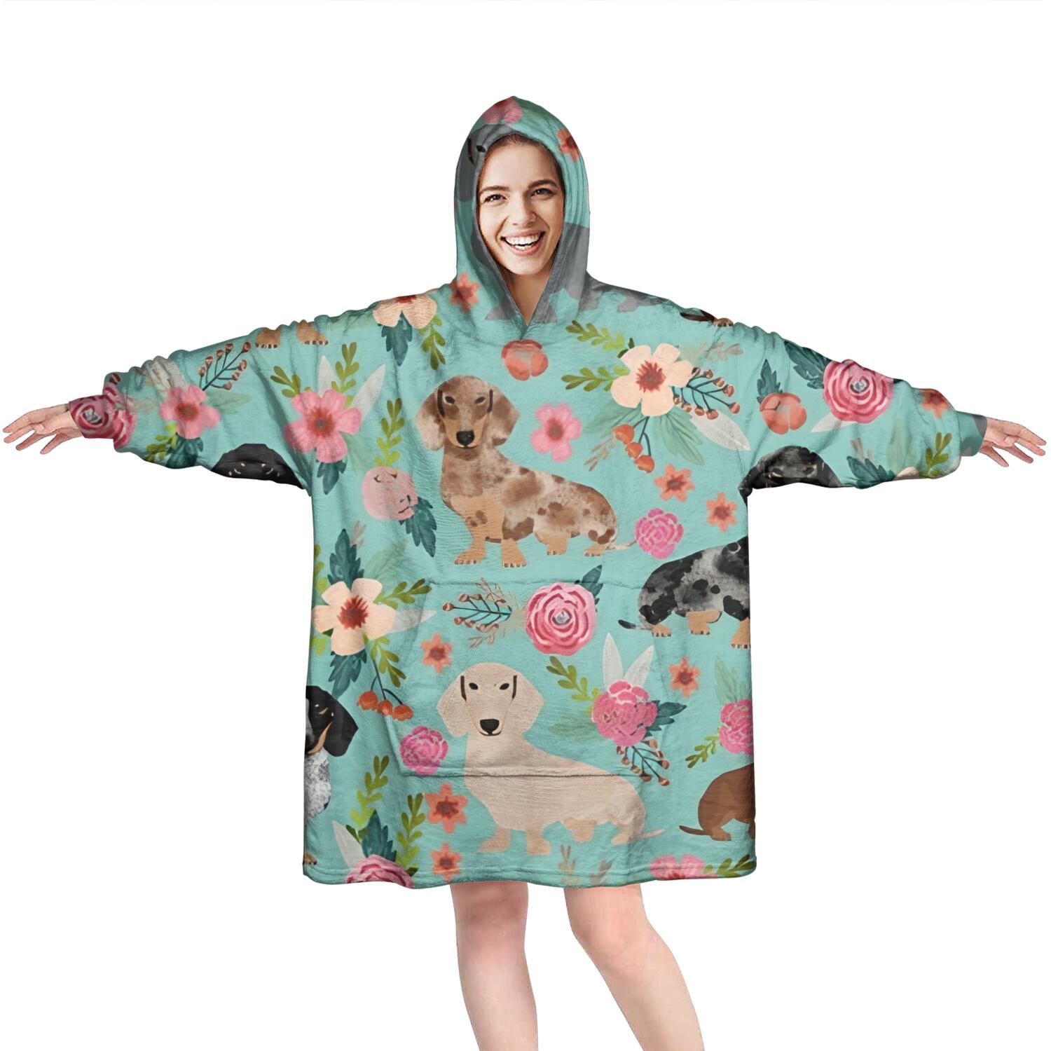 Dachshund and Flower Wearable Oversized Blanket,Wearable Blanket Hoodie for Adults,Cozy Hooded Blankets with Super Pockets,Super Warm Fuzzy Pullover for Women & Men