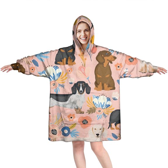 Dachshund and Flower Wearable Oversized Blanket,Wearable Blanket Hoodie for Adults,Cozy Hooded Blankets with Super Pockets,Super Warm Fuzzy Pullover for Women & Men
