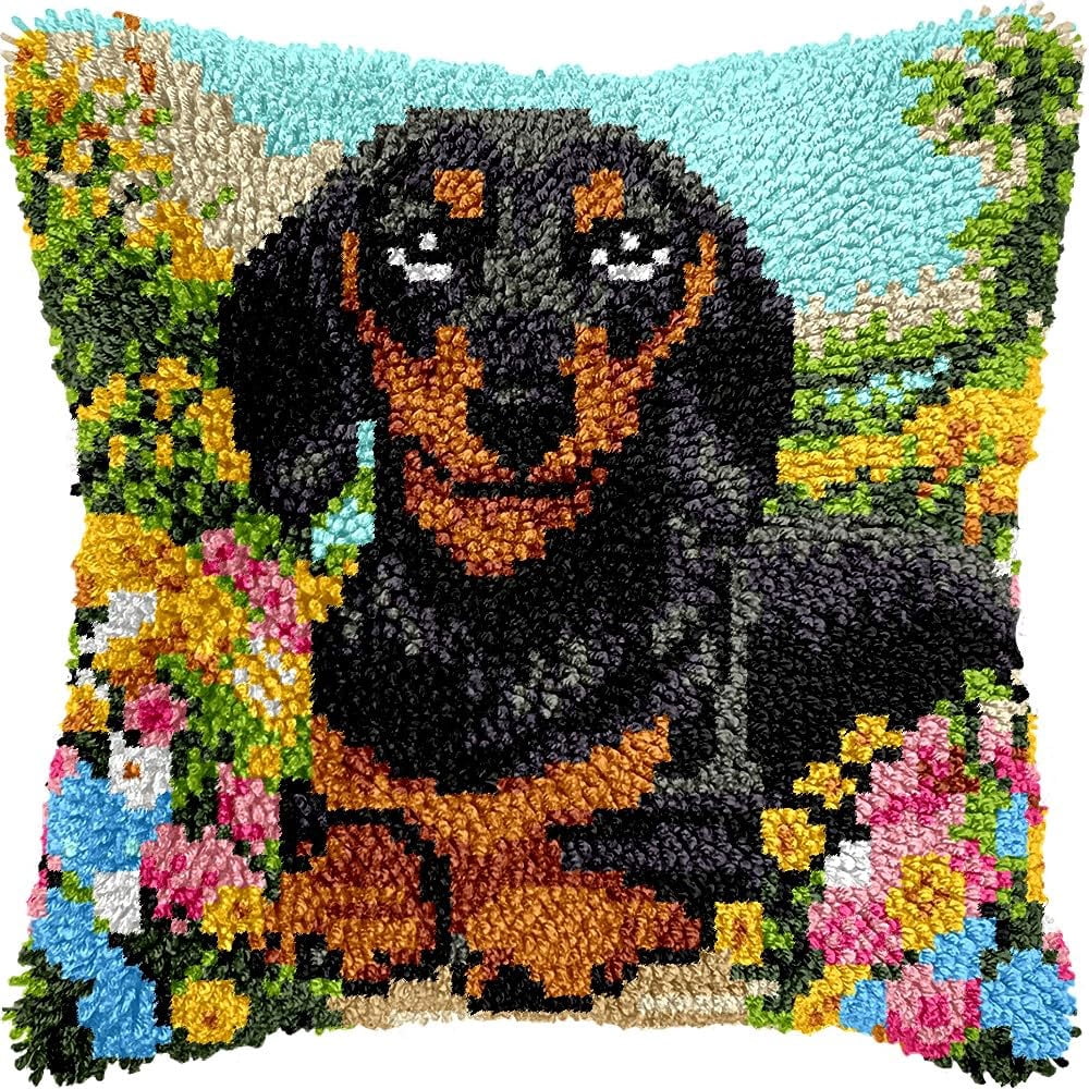 Dachshund & Flowers Latch Hook Kits Pillow kits Cushion Throw Pillow Embroidery Craft Kits DIY Kits of DIY Hooking Pillowcase Cover Supplier with Color Printed Canvas 43x43cm (184)