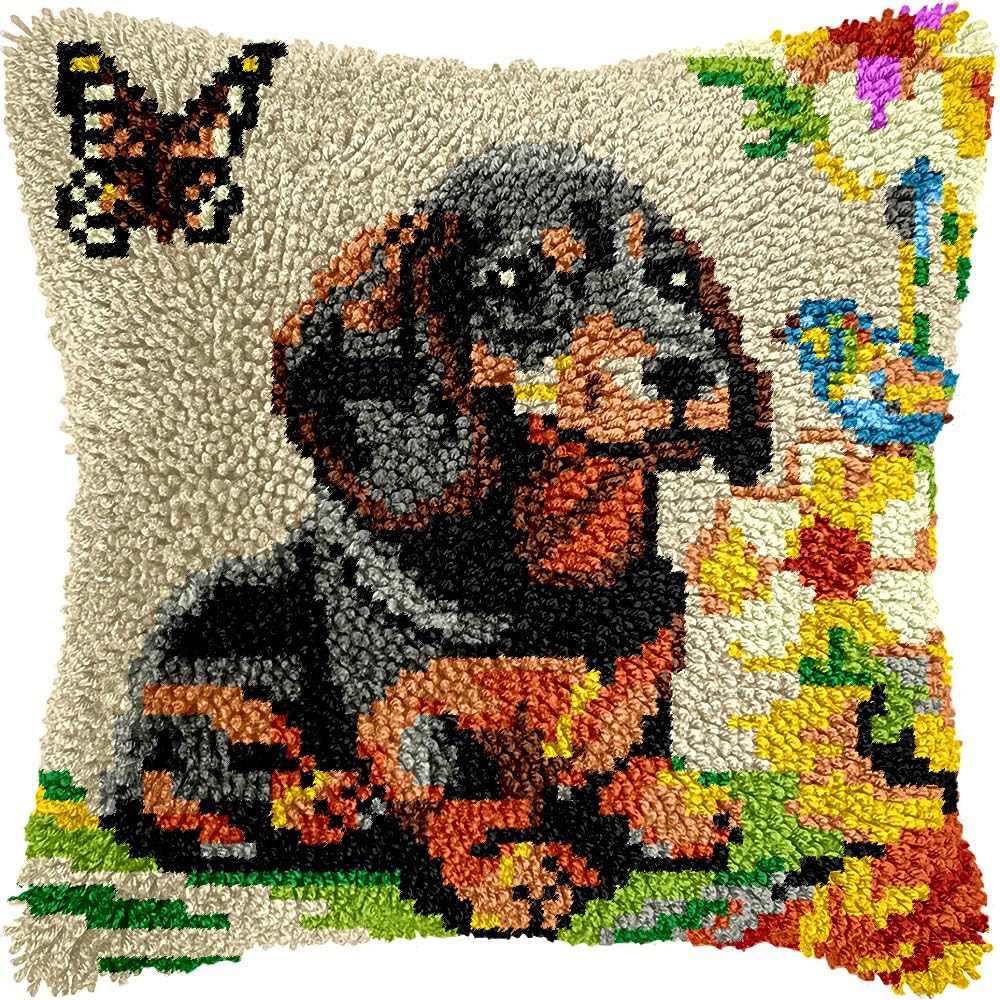 Dachshund & Flowers Latch Hook Pillow Kits Pillow Cover Latch Hook Crafts Crochet Knitted Hooking Pillowcase Cushion Crafts Embroidery Latch Hooking Kits Material Set 17x17 inch(192)