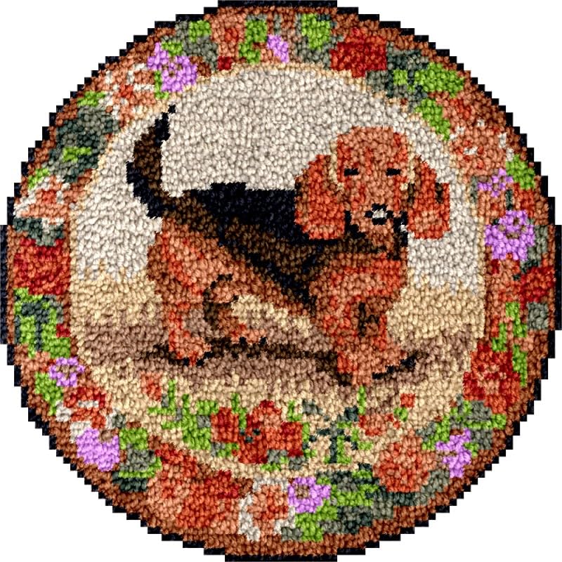 Dachshund & Flowers Round Shape Latch Hook Rug Kits Set for Starter Crochet Hook Cushion Mat Sofa Seat Cushion Crocheting Kits with Preprinted Canvas Crochet Yarn Kits 50X50CM (fi33)