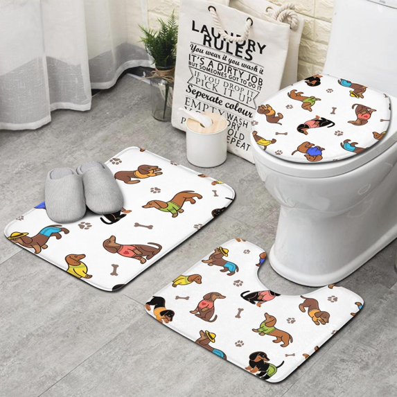Dachshund Footprint Bone Bathroom Rugs Sets 3 Piece,Toilet Cover Set,Absorbent Non Slip Bathroom Mats Sets with U-Shaped Contour Rug Toilet Rug Set
