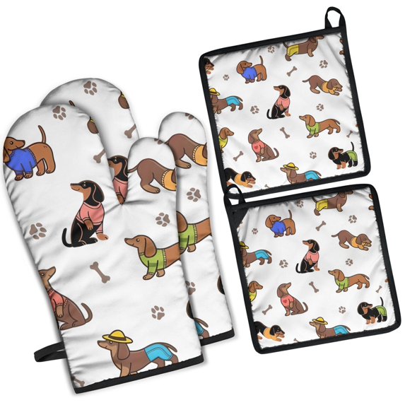 Dachshund Footprint Bone Kitchen Oven Mitt and Pot Holder Sets 4 Pcs for Baking, Cooking and Grilling, Heat Resistant Up To 392 °F