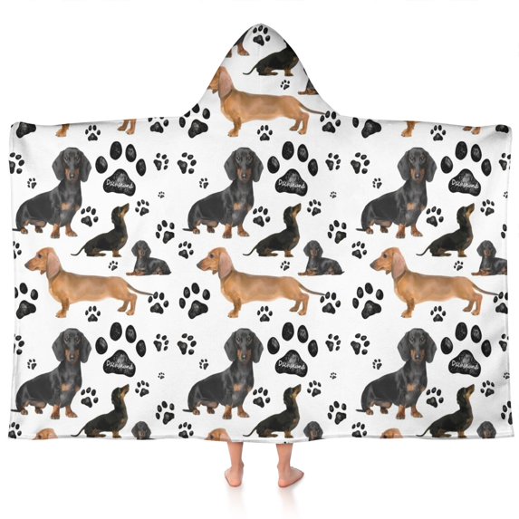 Dachshund Footprint Hooded Bath Towel,60"x35" for Ages 3 To 12 Kids, Quick Dry Lightweight Soft Microfiber Hood Beach Towel Cover Up for Kids
