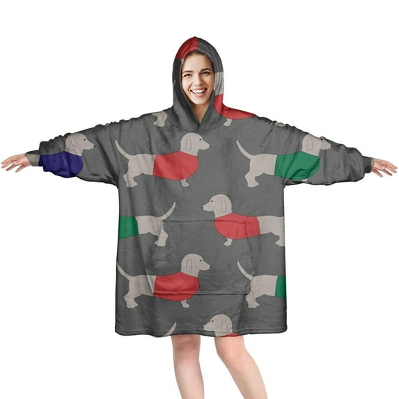 Dachshund Footprint Wearable Oversized Blanket,Wearable Blanket Hoodie for Adults,Cozy Hooded Blankets with Super Pockets,Super Warm Fuzzy Pullover for Women & Men