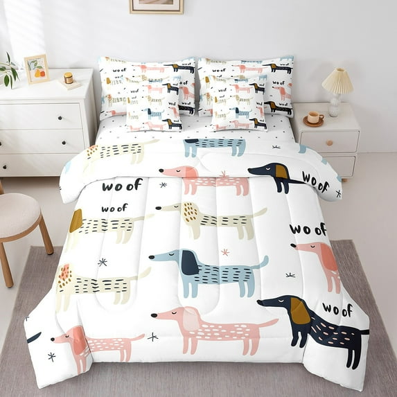 Dachshund Full Comforter Set with Sheets - 7 Pieces Cute Cartoon Puppy Full Size Bedding Sets,Kawaii Dog Animal Bed in a Bag with Comforter, Sheets, Pillowcase & Shams