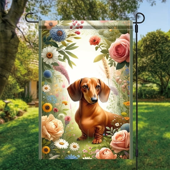 Dachshund Garden Flag Floral Dog Design 12x18 Inch Double Sided Outdoor Yard Banner for Spring Summer Dog Lovers Home Decoration