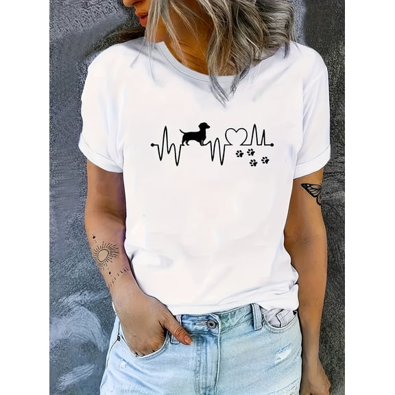 Dachshund Graphic T-Shirt for Women - Cute Dog with Paw Print Heart Design, Lightweight Short Sleeve Top for Spring & Summer, Comfortable Pet Lover Tee, Relaxed Fit Casual Shirt