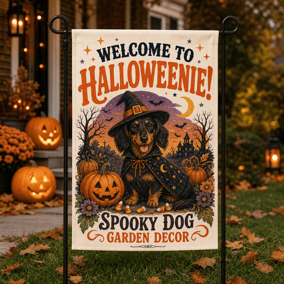 Dachshund Halloween Garden Flag, Spooky Dog Yard Decor for Fall Porch