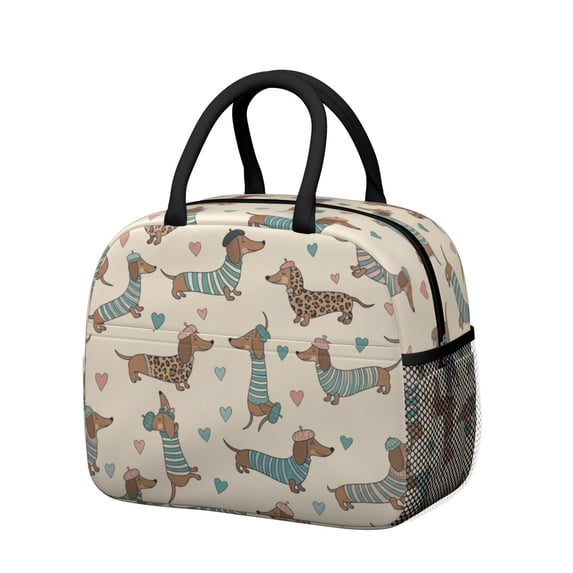 Dachshund and Heart Beige Pattern Insulated Leakproof Lunch Box for Work, Lunch Bag for Women Men, Loncheras Para Mujer for Beach Travel Picnic Camping