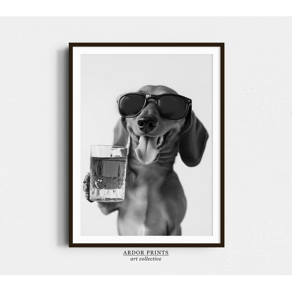 Dachshund Holding Whiskey Wall Art, Bourbon Glass, Black And White Print, Dog Gift, Funny Dog Poster, Bar Cart Print, Kitchen Wall Decor Decor For Living Room Bedroom, 24x36 UNFRAMED