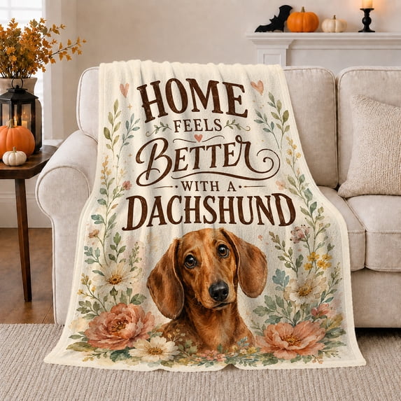 Dachshund Home Feels Better Floral, Cozy Pet Portrait Pattern, Warm Flannel Blanket for Living Room and Reading Nook, Dog Lovers Valentine's Day Gift, Pet Lover Home Decor