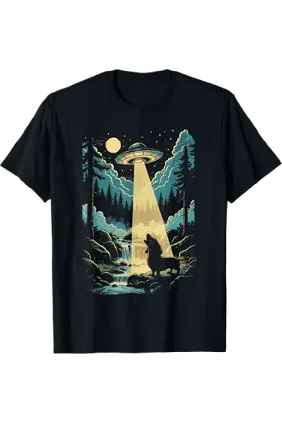 Dachshund Howling to The Moon with UFO 90s Weiner Dog Meme T-Shirt