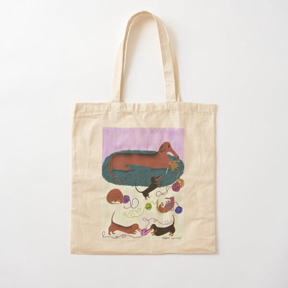 Knitting Dachshund Cotton Tote Bag Canvas Tote Bag, Family Gift For Mother, Her