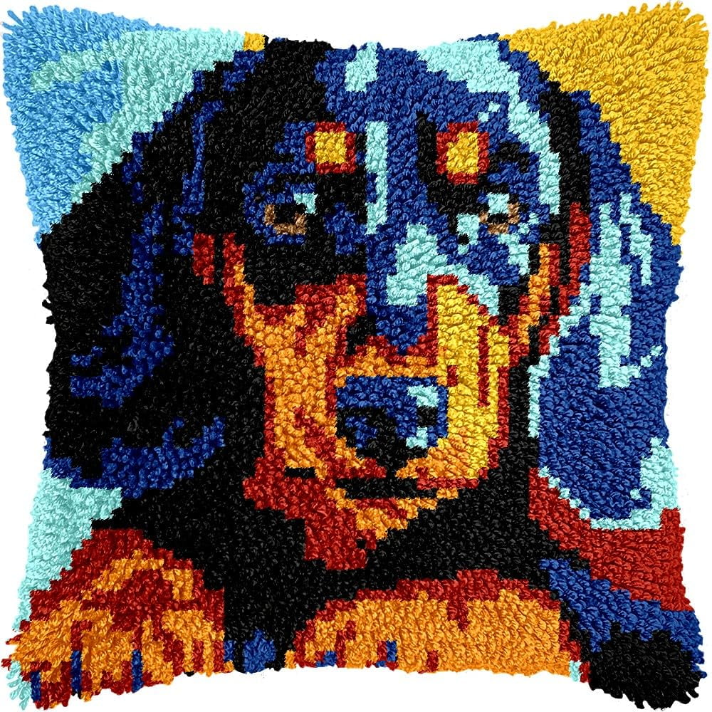 Dachshund Latch Hook Kits Pillow DIY Pillowcase Crochet Hook Cushion Making Kits with Preprinted Pattern Canvas Instruction Yarns Pillow Cover Easy Starter DIY Crochet Kits 43x43cm（L46)