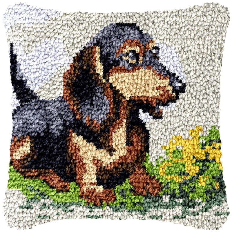 Dachshund Latch Hook Pillow Cover Kits for DIY Handmade Throw Pillow Cross Stitch Latch Hook Pillowcase Rug Kits with Preprinted Color Pattern Canvas Crochet Yarn Kits 17''X 17''(fv213)