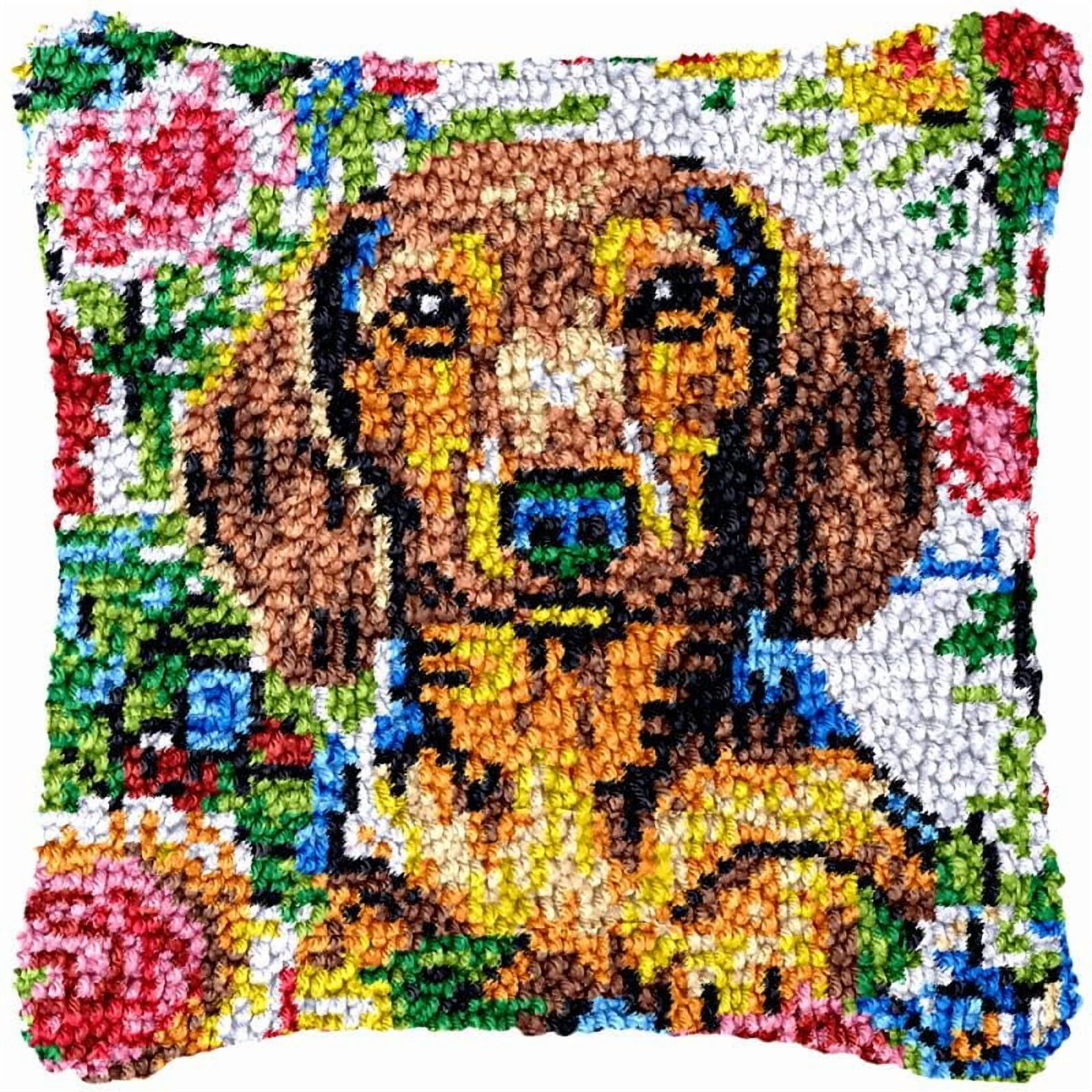 Dachshund Latch Hook Pillow Cover Kits for DIY Handmade Throw Pillow Cross Stitch Latch Hook Pillowcase Rug Kits with Preprinted Color Pattern Canvas Crochet Yarn Kits 17''X 17''(ys168)