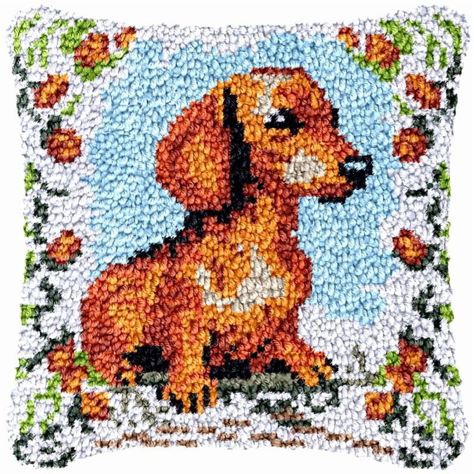 Dachshund Latch Hook Pillow Cover Kits for DIY Handmade Throw Pillow Cross Stitch Latch Hook Pillowcase Rug Kits with Preprinted Color Pattern Canvas Crochet Yarn Kits 17''X 17''(ys7)