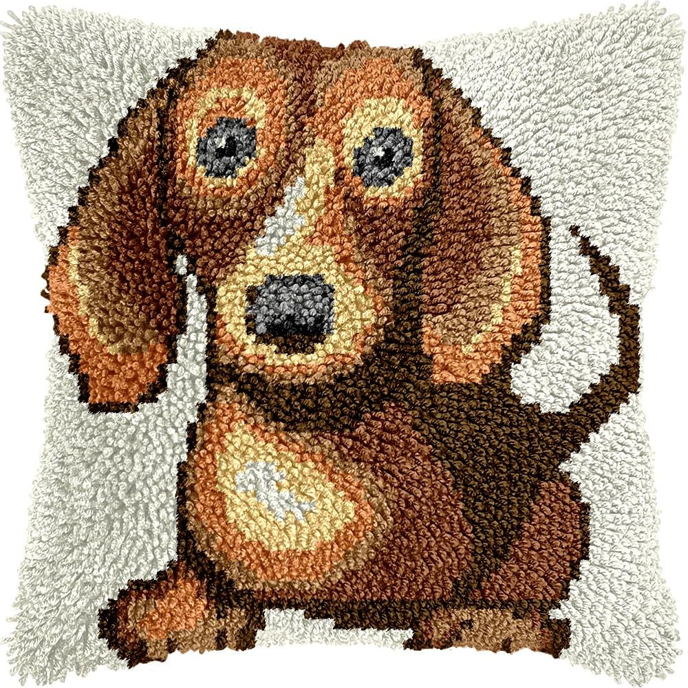 Dachshund Latch Hook Pillow Kits for DIY Throw Pillow Cushion Embroidery Latch Hooking Pillowcase Kits with Preprinted Canvas Crochet Yarn Kits for Home Decor 17''X 17''(j53)