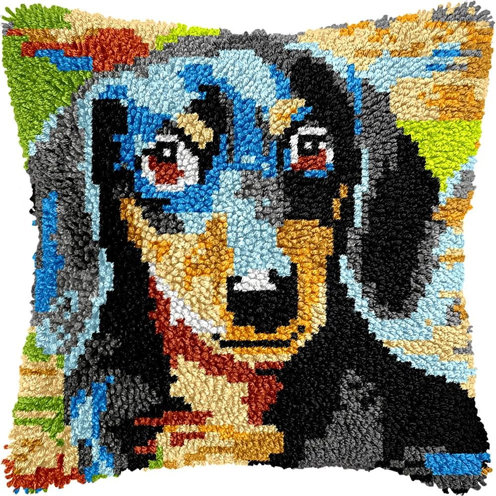 Dachshund Latch Hook Pillow Kits for DIY Throw Pillow Cushion Embroidery Latch Hooking Pillowcase Kits with Preprinted Canvas Crochet Yarn Kits for Home Decor 17''X 17''(j37)