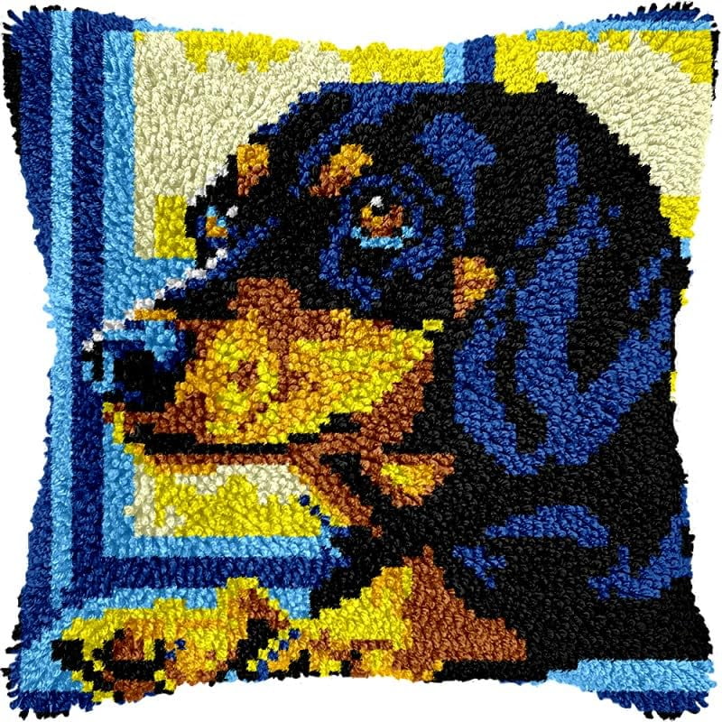 Dachshund Latch Hook Pillow Kits Pillow Cover Pattern Printed Canvas Crochet Cross Stich Hooking Pillowcase Cushion Crafts Embroidery Latch Hooking Crochet Kits Set 17x17 inch(130)