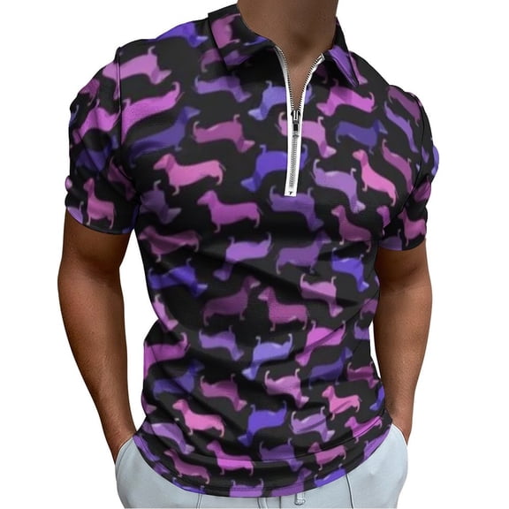 Dachshund, Lavender, Rose And Fuchsia Men Zipper T-shirt Summer Casual Short Sleeve T-shirt Top