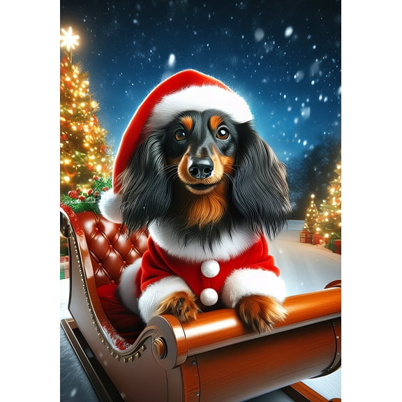 Dachshund Longhair Black/Tan -  Best of Breed DCR Christmas House Flag 28" x 40"