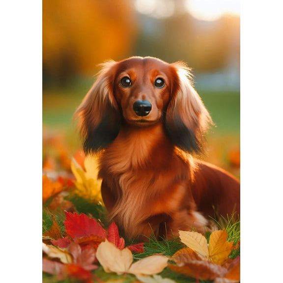 Dachshund Longhair Red - Best of Breed DCR Falling Leaves Garden Flag 12" x 17"
