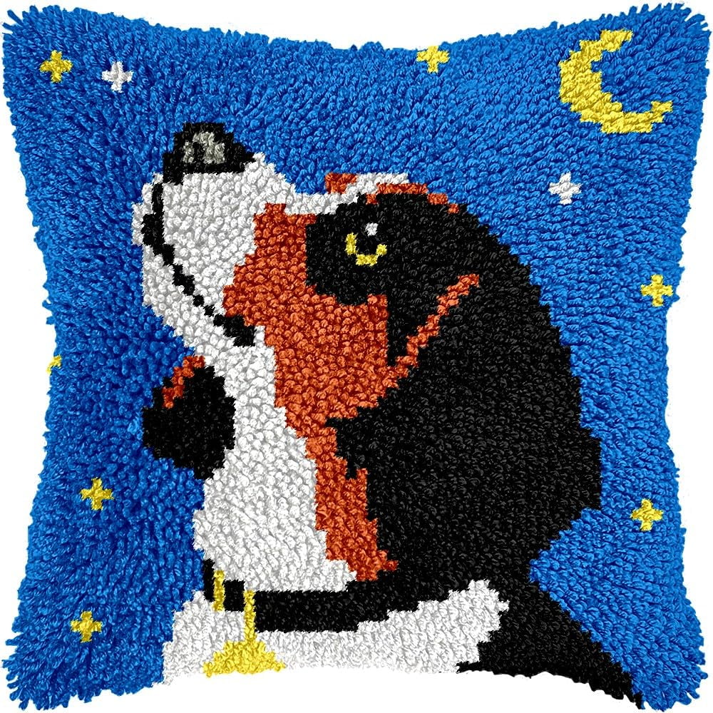 Dachshund & Moon Latch Hook Pillow Cover Kits for DIY Handmade Throw Pillow Cross Stitch Latch Hooking Pillowcase Kits with Preprinted Color Pattern Canvas Crochet Yarn Kits 17''X 17''(8-137)