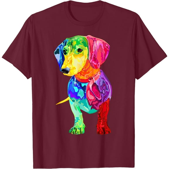 Dachshund Multicolor Animal Print Cartoon Unisex T-Shirt for Men Women Kids Toddler,Maroon Color,Size 2XL