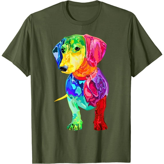 Dachshund Multicolor Animal Print Cartoon Unisex T-Shirt for Men Women Kids Toddler,Military Green Color,Size XL