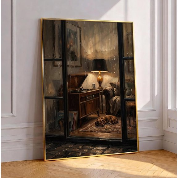 Dachshund Music Room Wall Art Print, Cozy Rainy Window Dog Decor, Vintage Record Player Painting, Moody Vinyl Lover Gift, Unframed Print