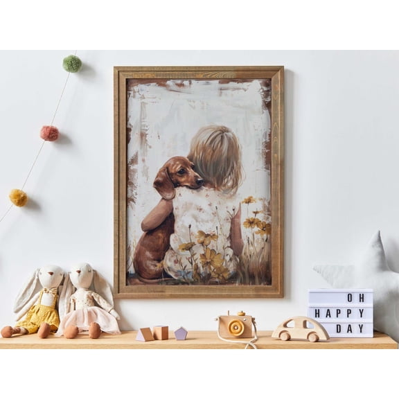 Dachshund Nursery Art Brown Dog Baby Shower Decor, Stretched Canvas 16x20in