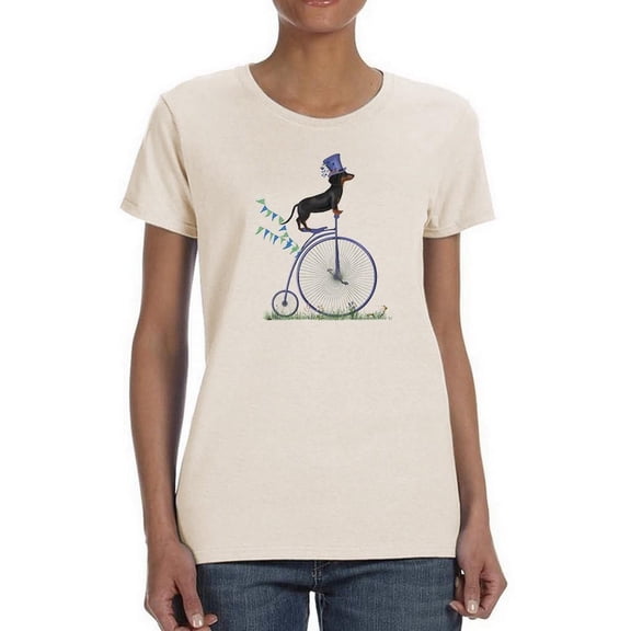 Dachshund On Penny Farthing T-Shirt Women -Fab Funky Designs, Female Large