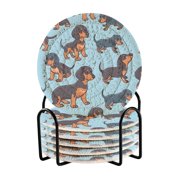 Dachshund Or Dogs 6 Pcs Drink Coasters with Holder Absorbent Coasters Woven Coasters for Drinks Table Desk Protection Home Decor