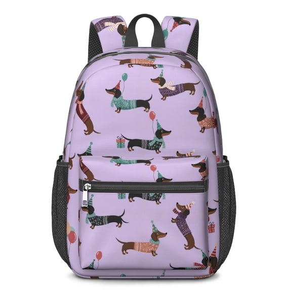 Dachshund Party and Gift Purple 17" School Backpacks for Teens,Waterproof Oxford Fabric,S-Shape Padded Straps for School,Travel,Hiking,Camping