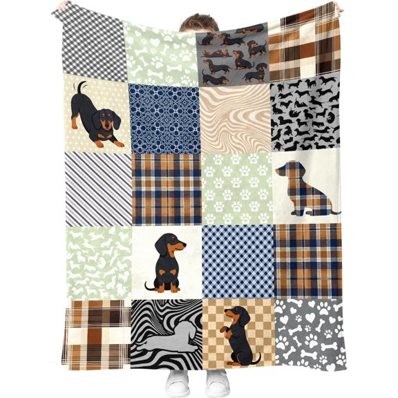 Dachshund Patchwork Flannel Blanket for Bed Sofa Couch