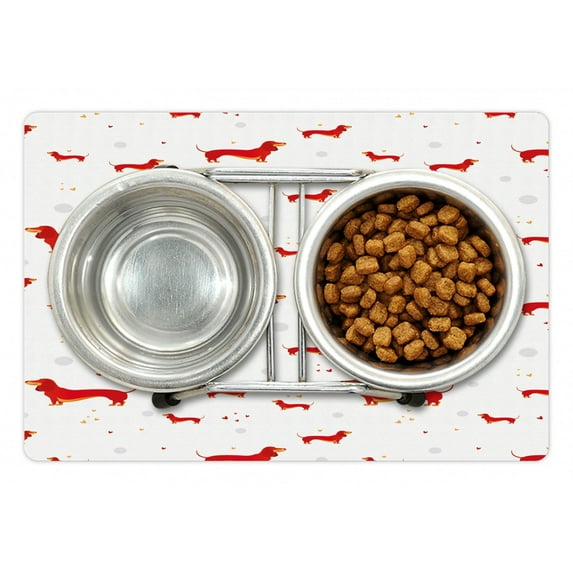 Dachshund Pet Mat for Food and Water, Pet Lover Simplicity Sausage Dog with Hearts and Dots, Non-Slip Rubber Mat for Dogs and Cats, 18" X 12", by Ambesonne